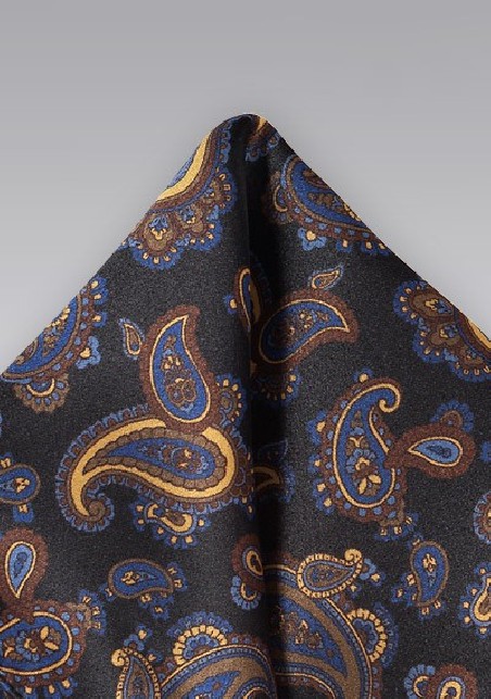 Luxe Paisley Pocket Square in Blacks, Golds and Blues