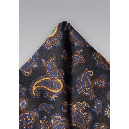 Luxe Paisley Pocket Square in Blacks, Golds and Blues
