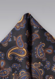 Luxe Paisley Pocket Square in Blacks, Golds and Blues
