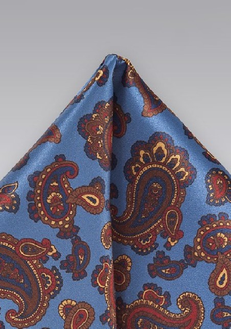 Luxe Paisley Pocket Square in Venetian Blue