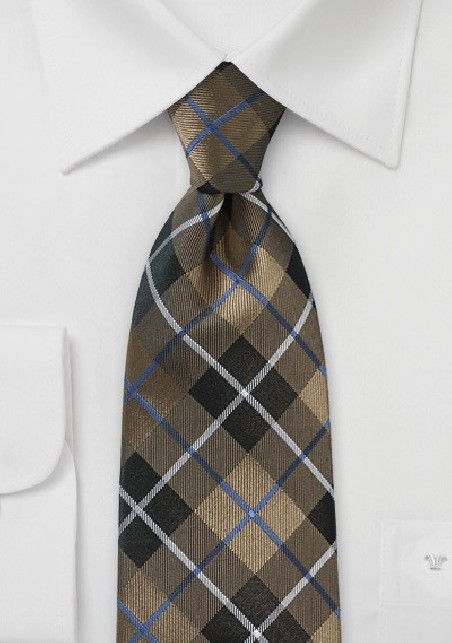 Pure Silk Necktie in Golden Brown Tartan Style