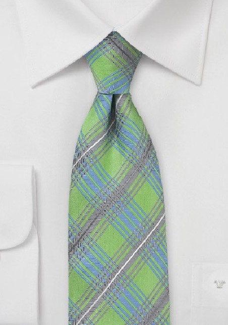 Plaid Tie in Lime, Silver, and Light Blue