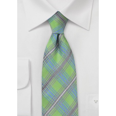 Plaid Tie in Lime, Silver, and Light Blue