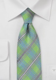 Plaid Tie in Lime, Silver, and Light Blue