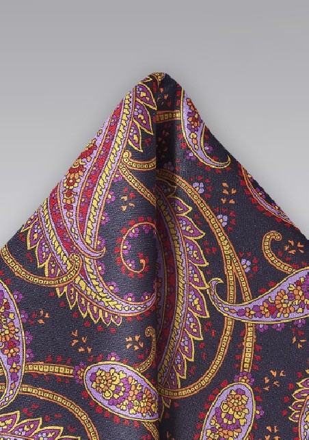 Designer Italian Paisley Pocket Square in Midnight Blue