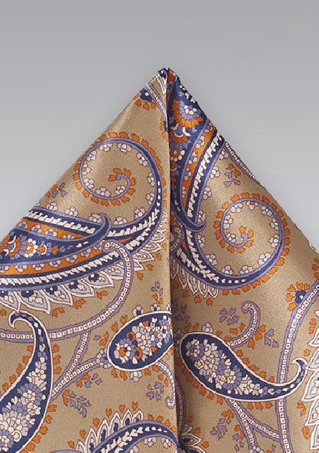 Designer Paisley Pocket Square in Camels and Tans
