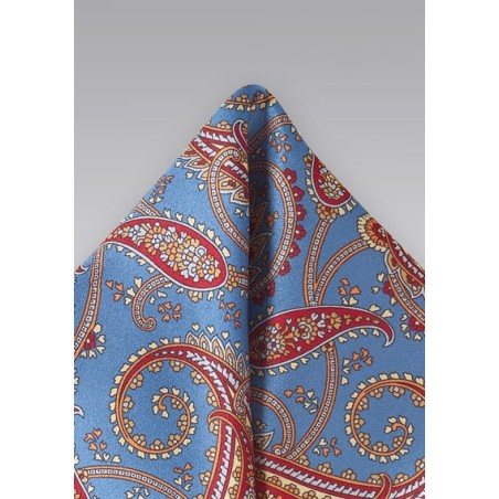 Vintage Paisley Pocket Square in Egyptian Blue