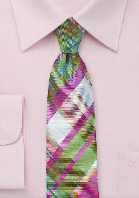 Slim Tailored Plaid Tie in Pinks and Greens