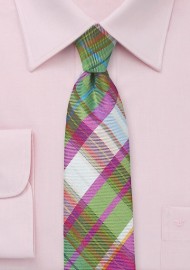 Slim Tailored Plaid Tie in Pinks and Greens