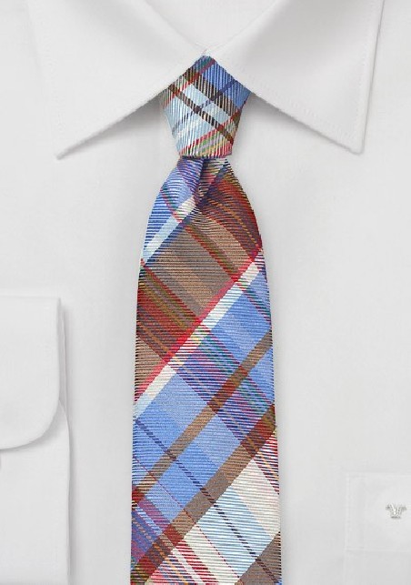 Slim Plaid Patterned Tie in Blues