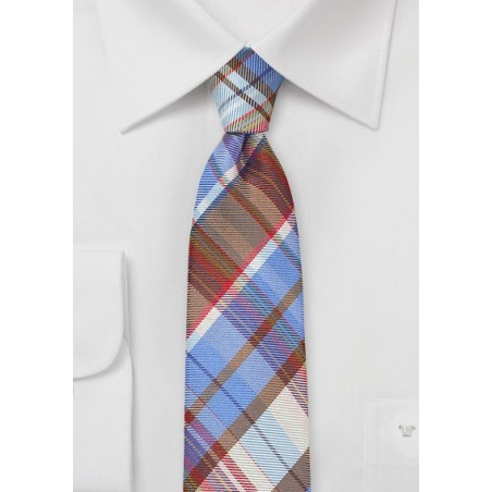 Slim Plaid Patterned Tie in Blues