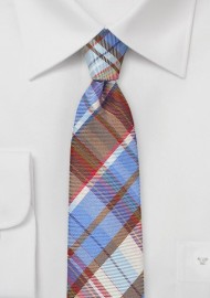 Slim Plaid Patterned Tie in Blues