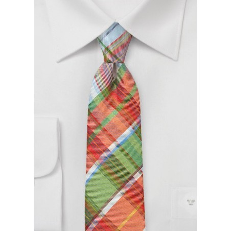 Slim Plaid Tie In Oranges and Greens