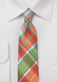 Slim Plaid Tie In Oranges and Greens