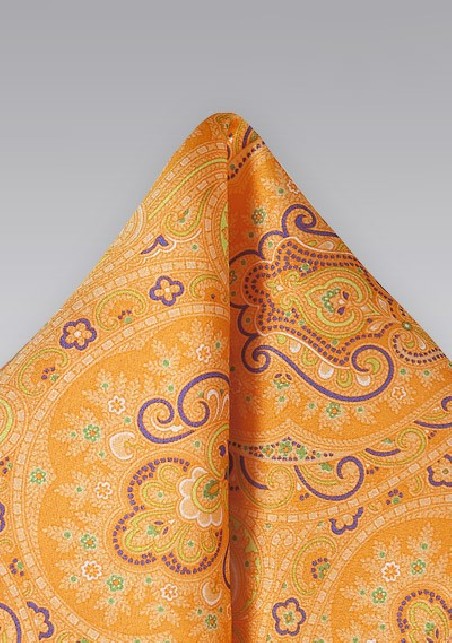 Modern Paisley Pocket Square in Tangerine