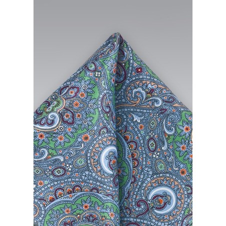Moroccan Paisley Pocket Square in Blues and Greens