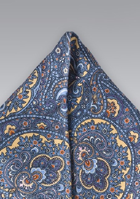 Moroccan Paisley Pocket Square in Blues and Golds