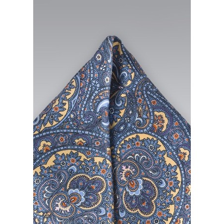 Moroccan Paisley Pocket Square in Blues and Golds