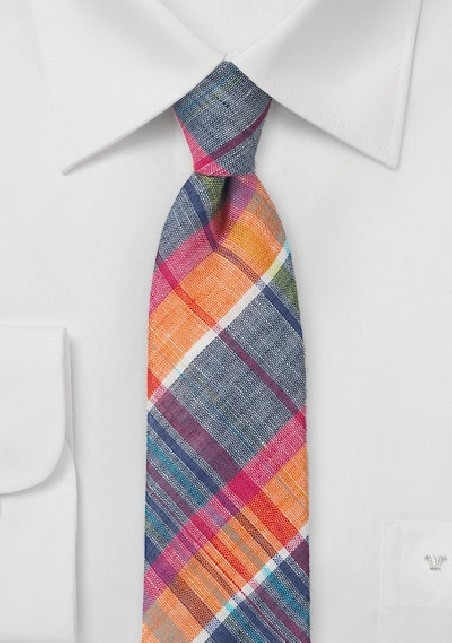 Madras Plaid Skinny Tie in Blues and Oranges