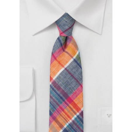 Madras Plaid Skinny Tie in Blues and Oranges