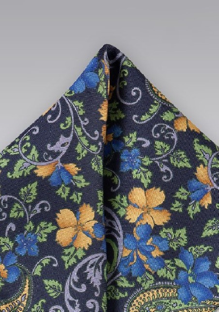 Navy, Green, Yellow Floral Pocket Square