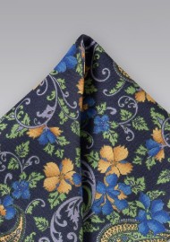 Navy, Green, Yellow Floral Pocket Square