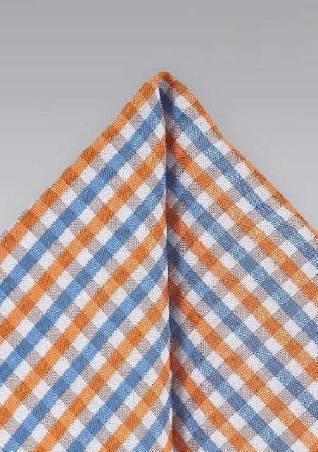Gingham Pocket Square in Oranges and Blues