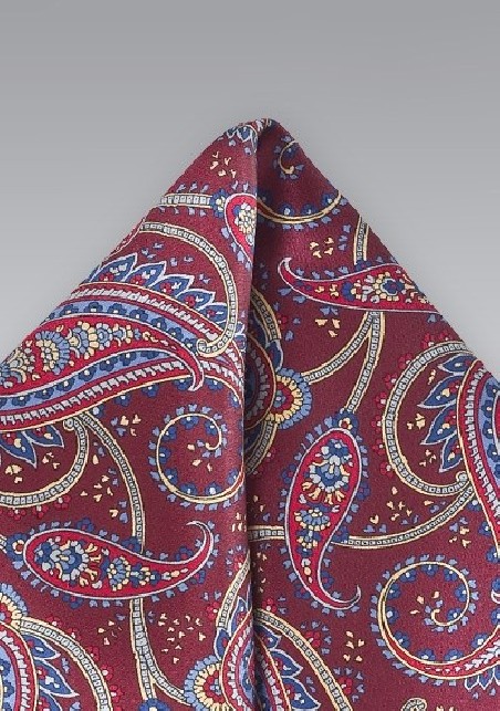Burgundy and Blue Paisley Pocket Square