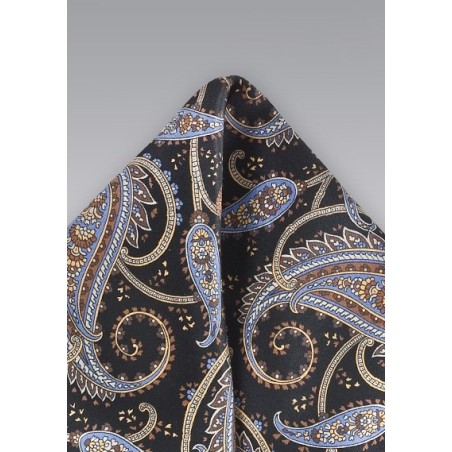 Black and Light Blue Paisley Pocket Square