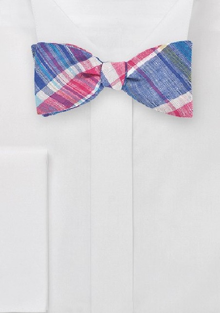 Madras Self Tie Bow Tie in Blue and Pink