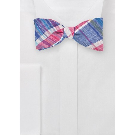 Madras Self Tie Bow Tie in Blue and Pink
