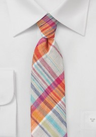 Madras Skinny Tie in Peach and Beige