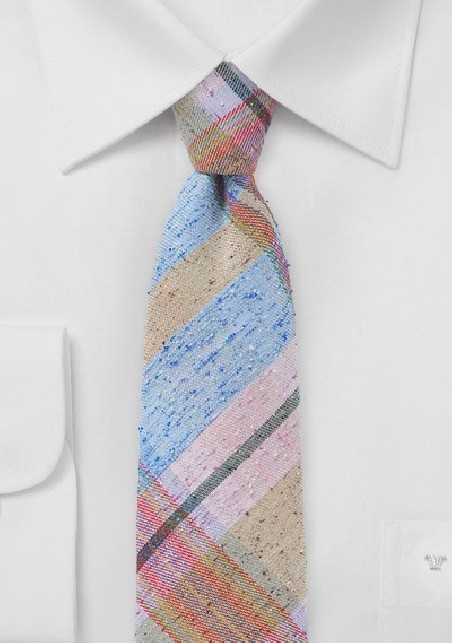 Pink, Blue, Tan Plaid Skinny Tie