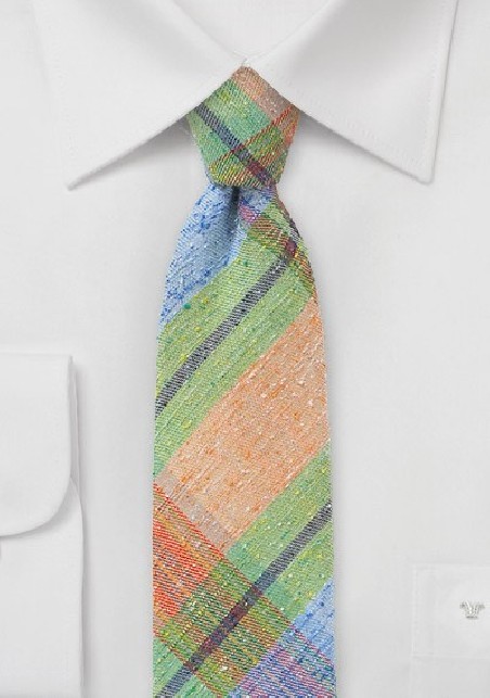 Orange, Green, and Blue Madras Plaid Necktie
