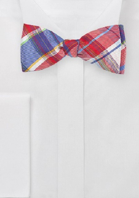 Designer Plaid Bow Tie in Reds and Blues
