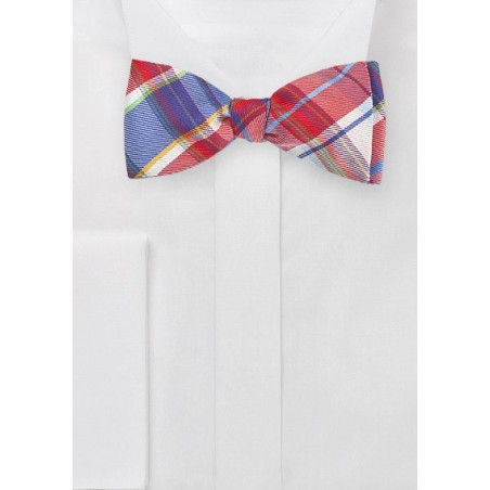 Designer Plaid Bow Tie in Reds and Blues