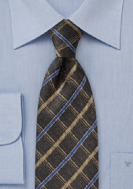 Choclate Brown Checked Necktie with Blue and Gold Accents