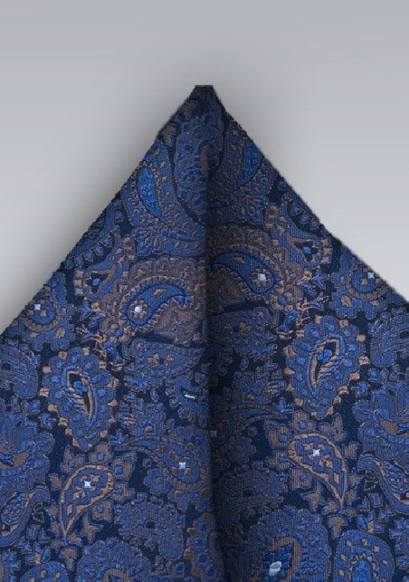 Silk Paisley Pocket Square in Blue and Bronze