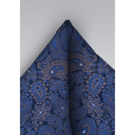 Silk Paisley Pocket Square in Blue and Bronze