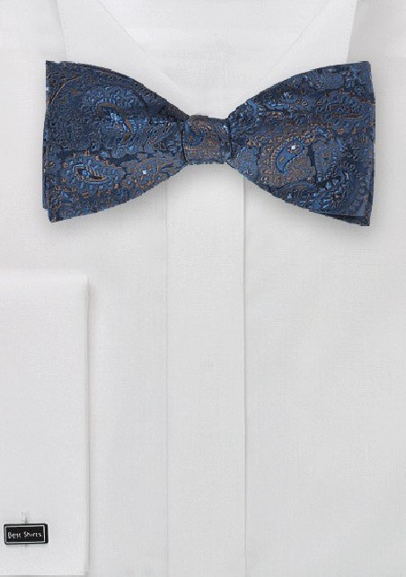 Blue and Bronze Paisley Bow Tie