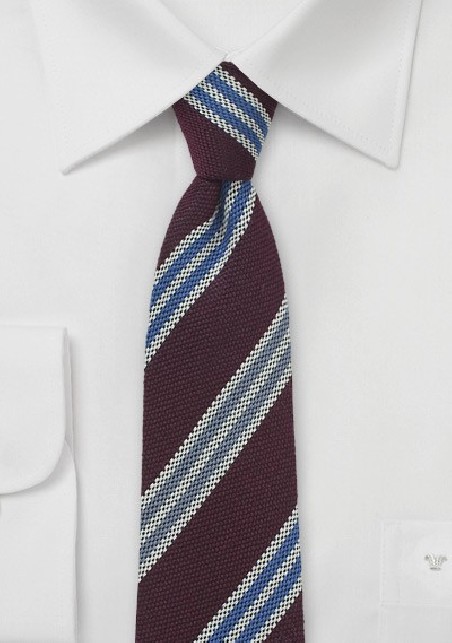 Burgundy Wool Tie with Blue Stripes
