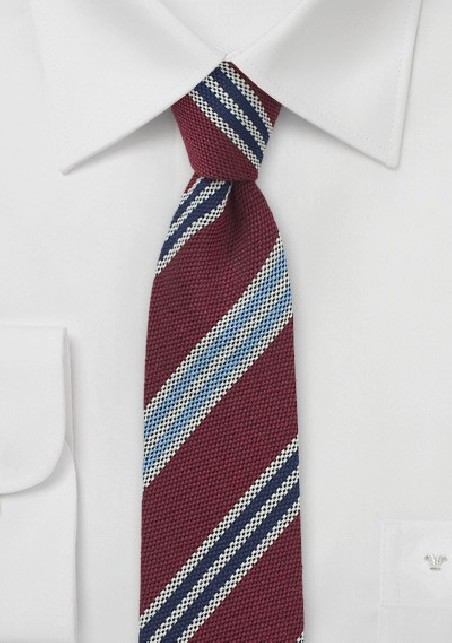 Red Wool Skinny Tie with Blue Stripes
