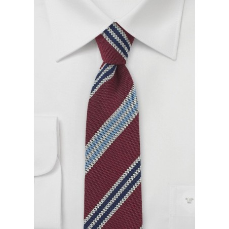 Red Wool Skinny Tie with Blue Stripes