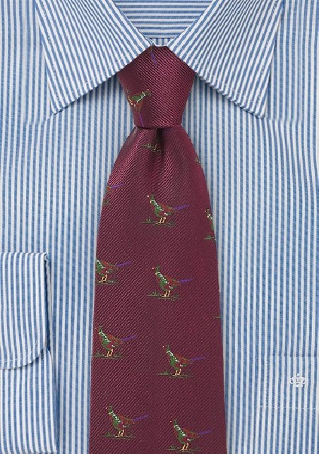 Burgundy Silk Tie with Pheasant Birds