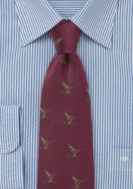 Burgundy Silk Tie with Pheasant Birds