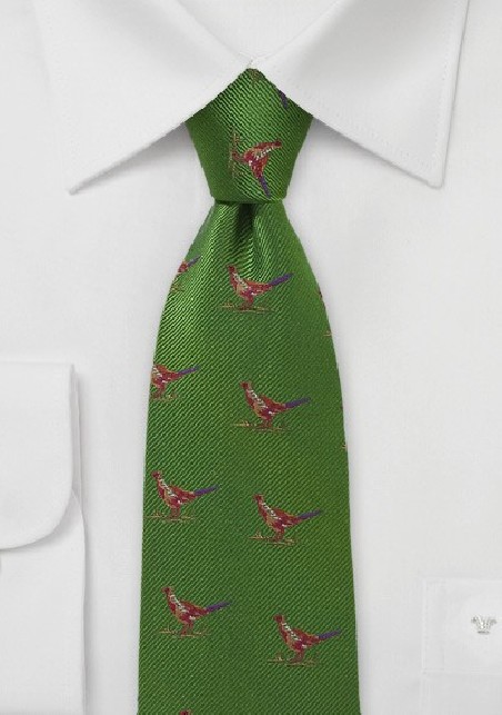 Green Silk Tie with Pheasants