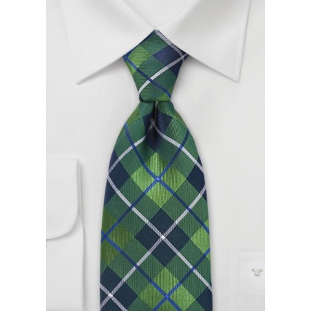 XL Length Plaid Tie in Spring Green and Blue