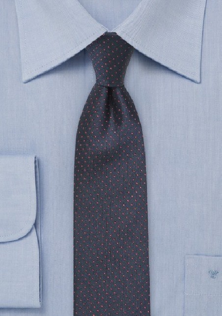 Skinny Navy Tie with Coral Pin Dots