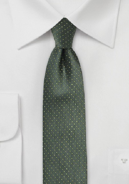 Dark Green Skinny Tie with Bright Yellow Pin Dots
