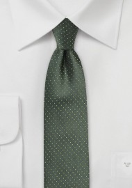 Dark Green Skinny Tie with Bright Yellow Pin Dots